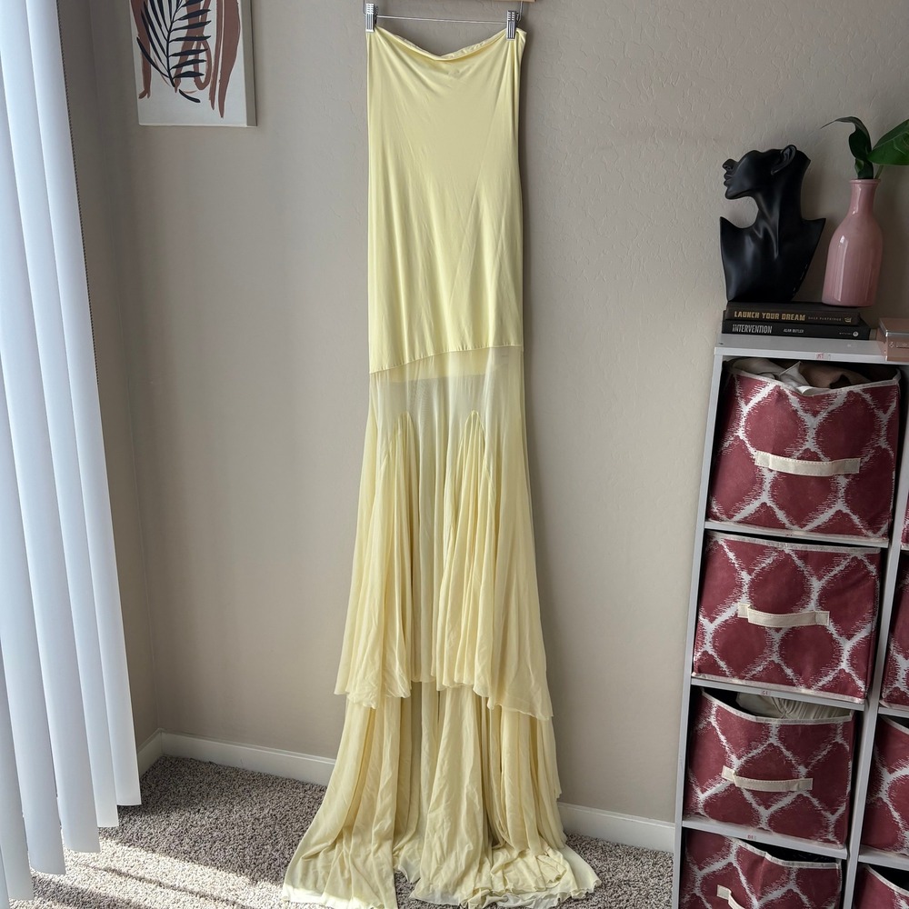 Deme By Gabriella‎ Dahlia Butter Yellow Strapless Mesh Ruffle Maxi Dress Size M - Picture 2 of 10